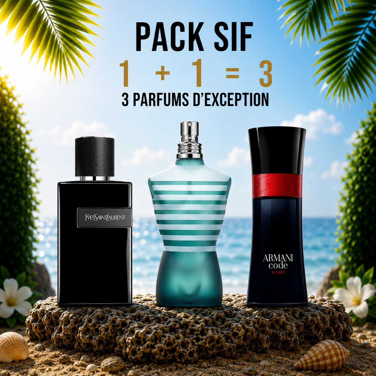 Ysl Y le parfum 100ml + Le male 125 ml+ Armani code A list 100ml Gratuite