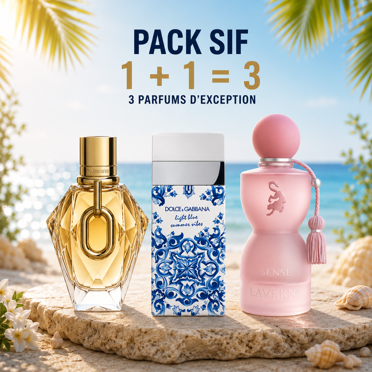 Million gold for her 100ml + Light bleu summer vibes 100ml + Laverne sense 100 ml gratuit