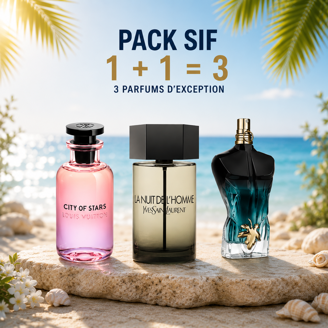 Lv City of stars 100ml + La Nuit de l’homme 100ml + Le beau 125ml gratuit