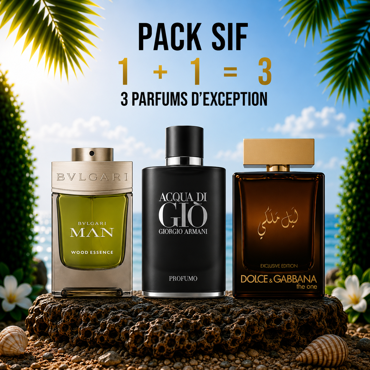 Bvlgari wood essence 100ml + Acqua di Giò profumo 100ml + D&G the one (ليل ملكي ) 100 ml Gratuite