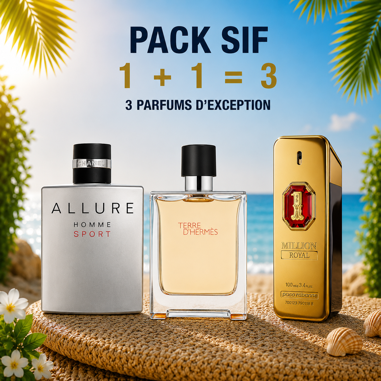Chanel Allure 100ml + Terre d’hermes 100ml + 1 million royal 100ml Gratuite