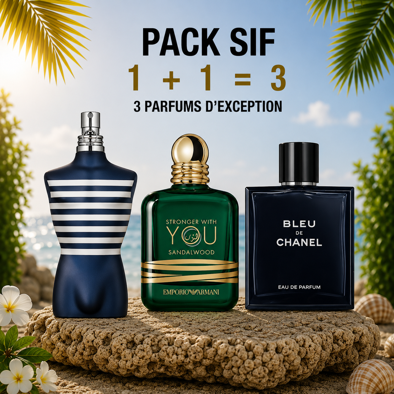 Le male in the navy 125ml + SWY Sandalwood 100ml + Blue de chanel 100ml Gratuite